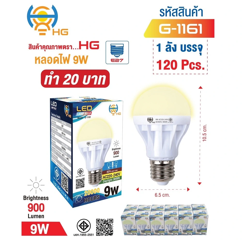 G-1161 หลอดไฟ LED 9W ทรงกลม สีวอร์ม HG (5 โหลๆ ละ 140)