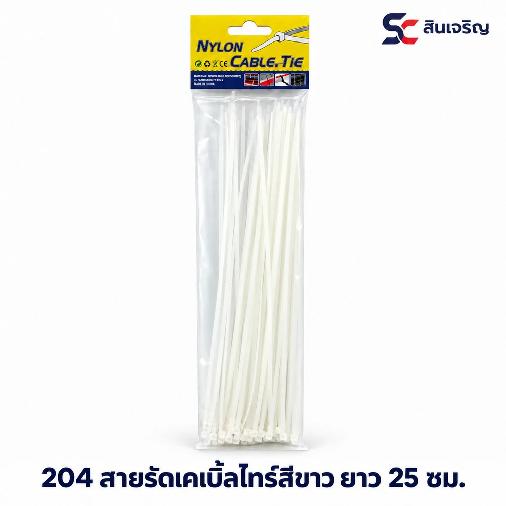 204 สายรัดเคเบิ้ลไทร์สีขาว ยาว 25 ซม.