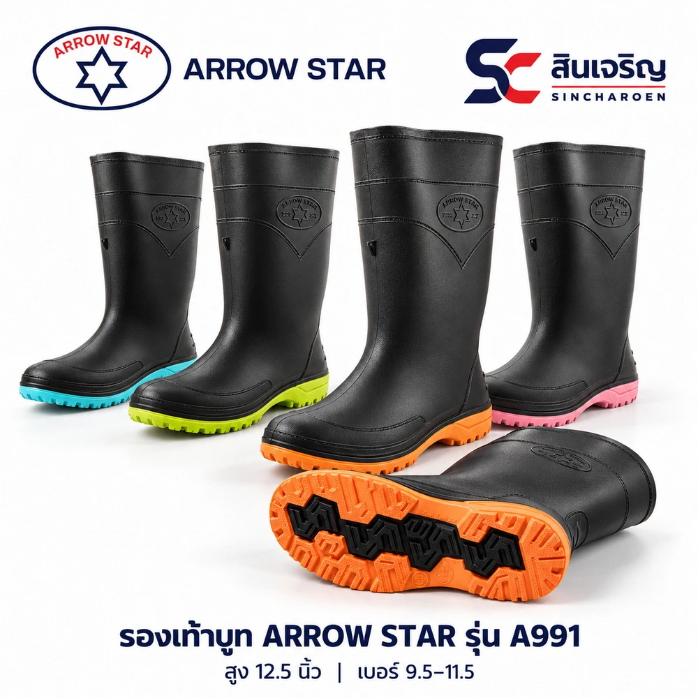 A991 รองเท้าบู๊ตสีดำพื้นสี สูง 12 นิ้ว ARROW STAR